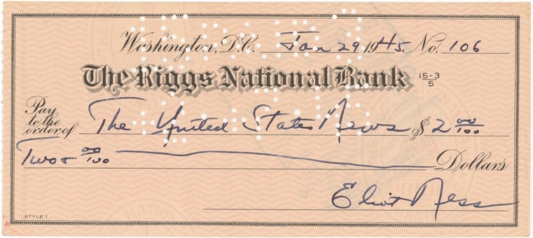 1945 Eliot Ness Signed Personal Check (Beckett)